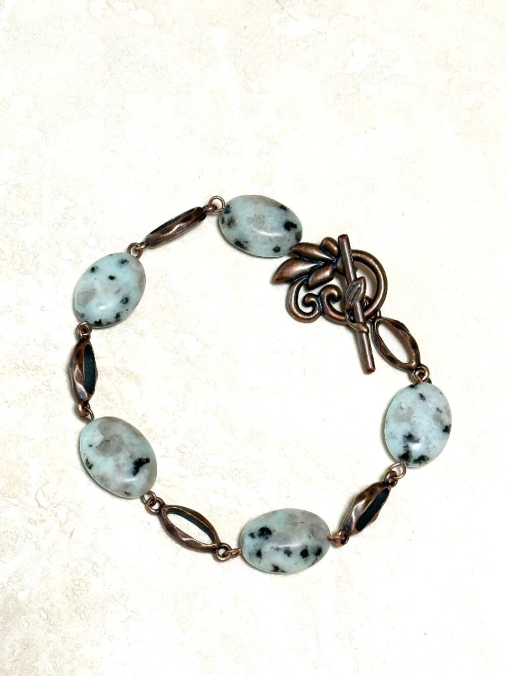 2/$20, Natural Kiwi Stone Bracelet, Genuine Gemstone & Copper Leaf Toggle